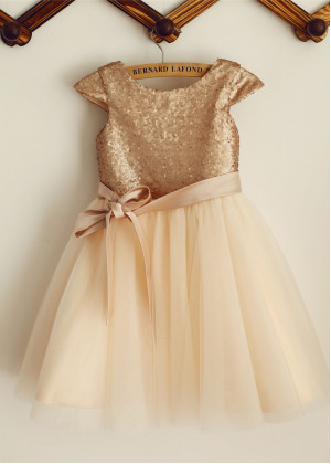 Champagne Sequin Tulle Knee Length Flower Girl Dress Champagne Sequin Tulle Knee Length Flower Girl Dress